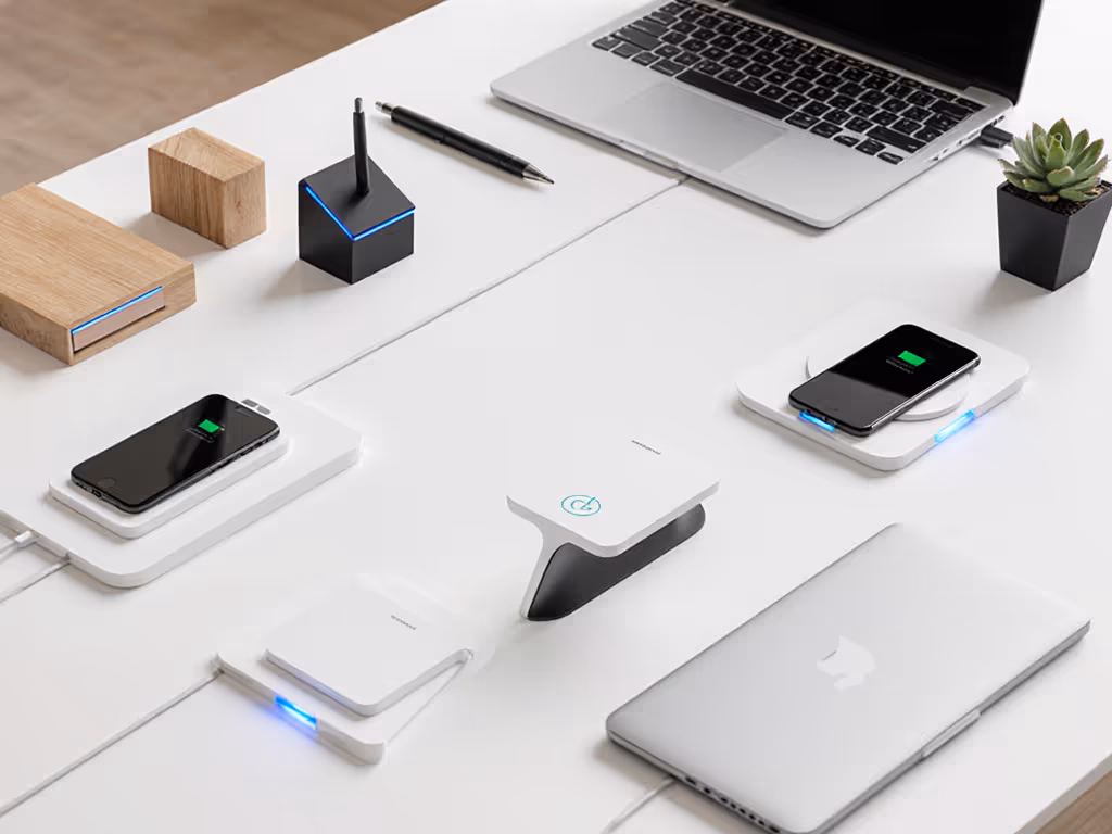 clean desk with wireless charger setup