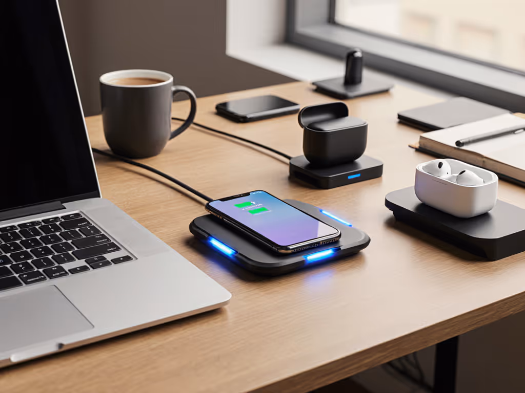 office desk with wireless charging setup