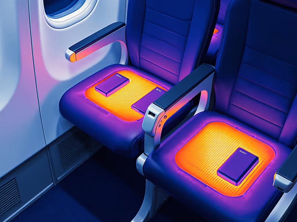 thermal camera view of power bank on airplane seatback